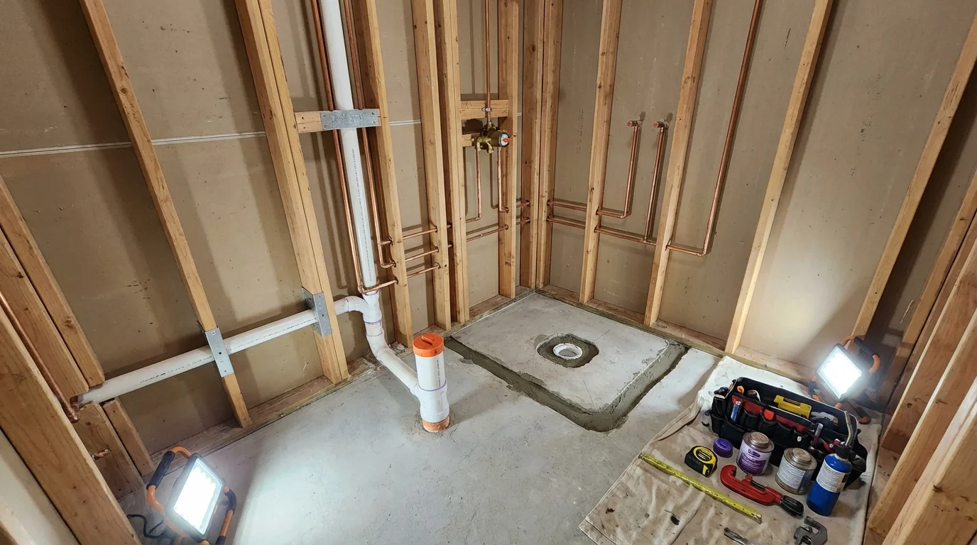 Bathroom rough-in plumbing during remodel by Johns Plumbing LLC in English