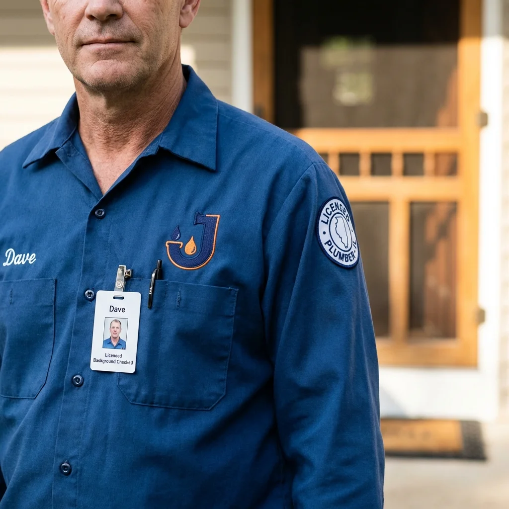 Licensed plumber showing ID badge in English, IN