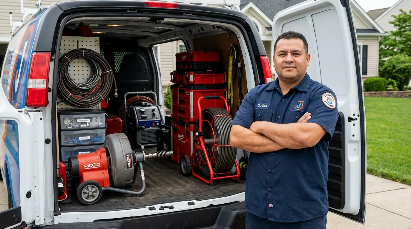 Professional drain cleaning equipment and Johns Plumbing LLC plumber in English