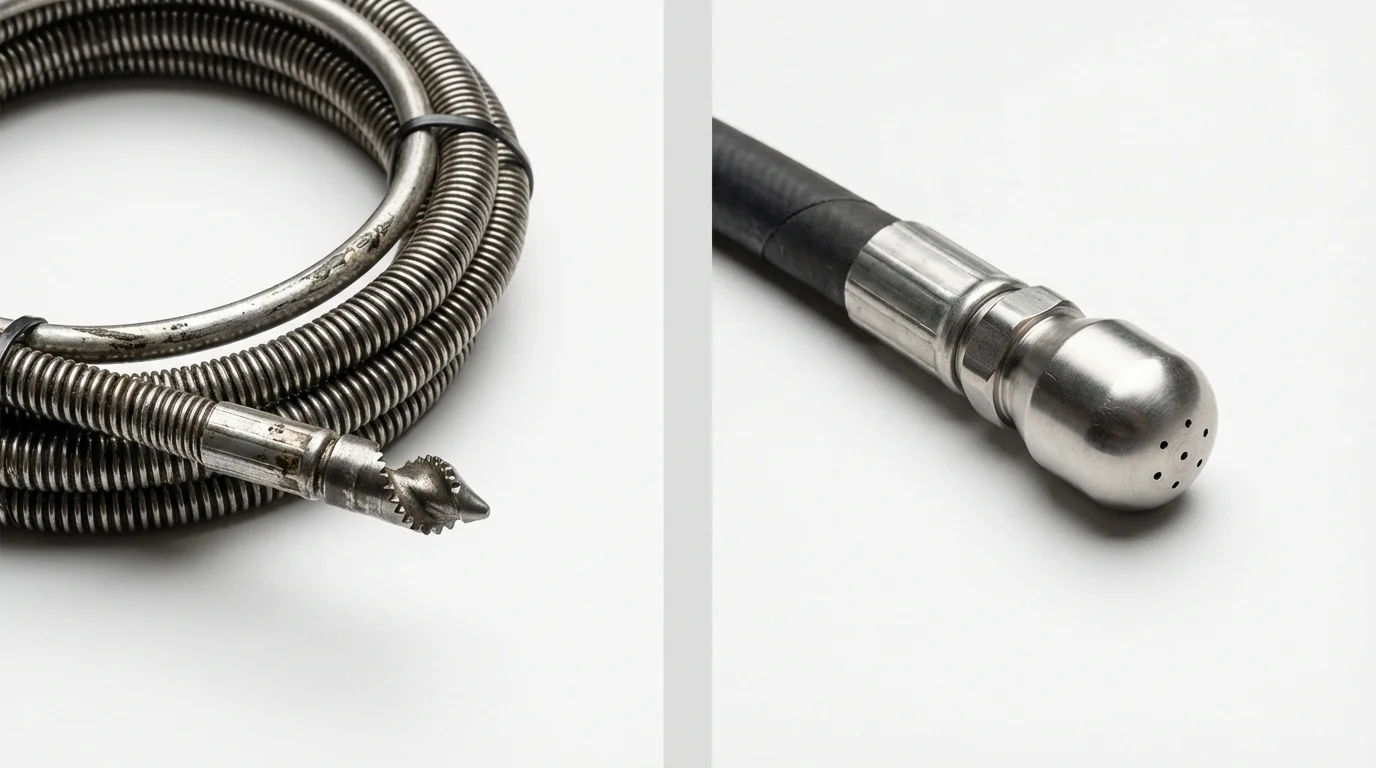 Drain snake cable and hydro jetting nozzle used for drain cleaning in English, IN