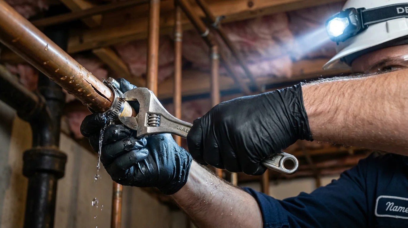 Emergency pipe clamp repair being performed by a Johns Plumbing LLC plumber in English