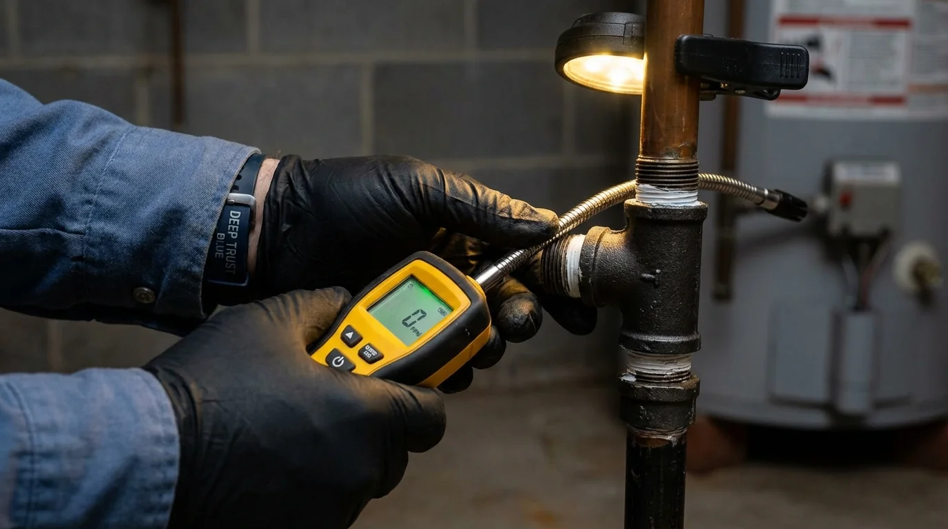 Gas leak detection with electronic sniffer by Johns Plumbing LLC in English