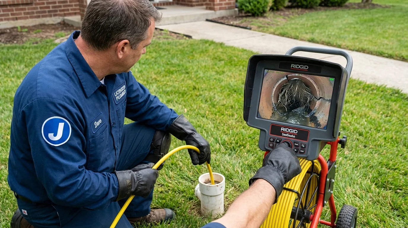 Sewer camera inspection being performed by Johns Plumbing LLC in English