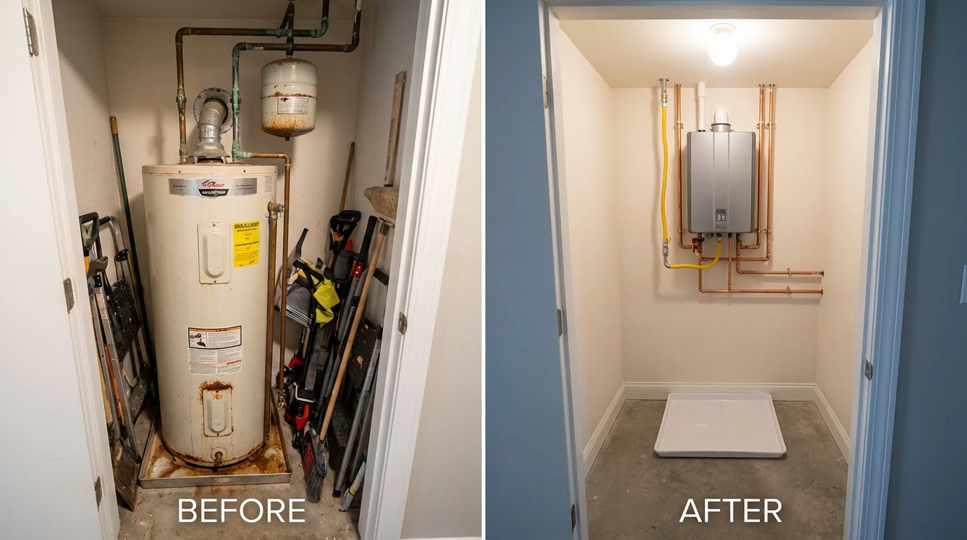 Tank water heater versus wall-mounted tankless unit comparison for English, IN homeowners