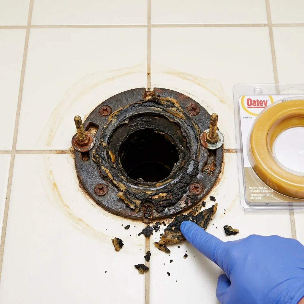 Failed wax ring showing water seepage at the base of a toilet in a English, IN home