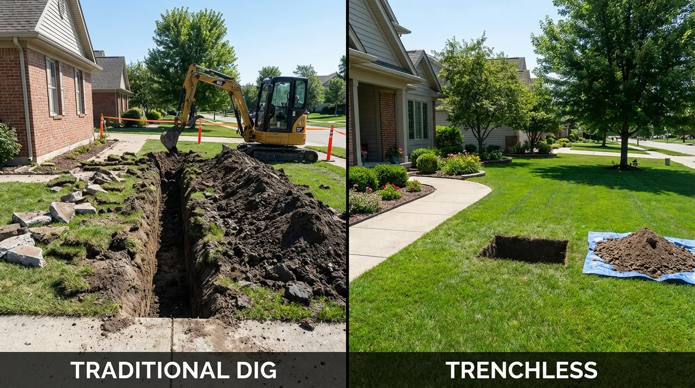 Trenchless sewer repair with minimal yard damage versus traditional excavation in English, IN